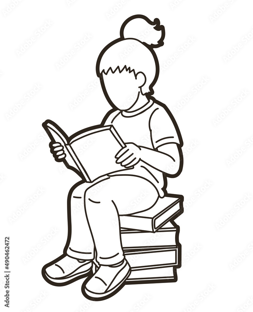 Children Study A Girl Reading A Book Cartoon Graphic Vector