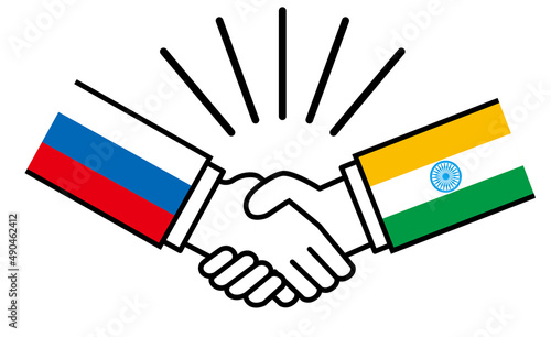 ロシアとインド、国旗がついた手が握手　国家間の戦争紛争　同盟、和解、合意のイメージイラスト