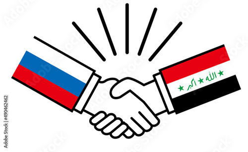 ロシアとイラク、国旗がついた手が握手　国家間の戦争紛争　同盟、和解、合意のイメージイラスト