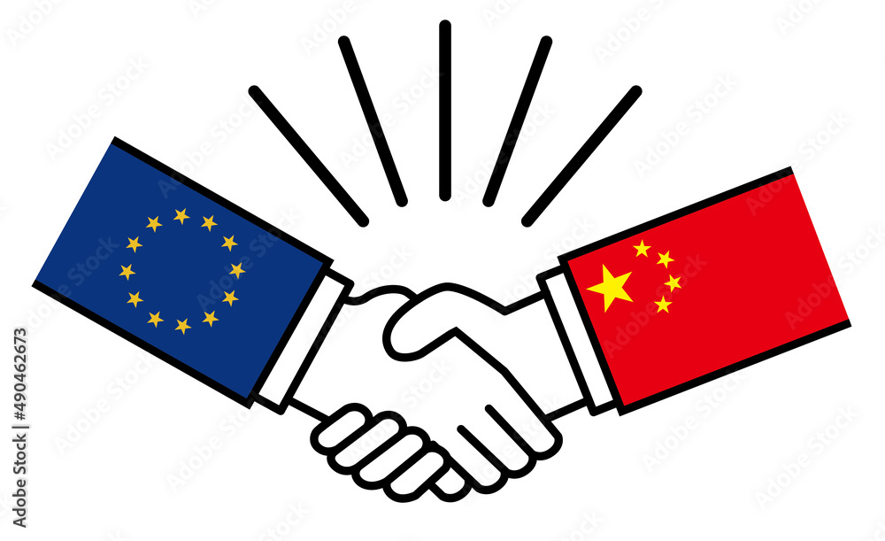 ユーロと中国、国旗がついた手が握手 国家間の戦争紛争 同盟、和解、合意のイメージイラスト ユーロと中国、国旗がついた手が握手 国家間の戦争紛争 同盟、和解、合意のイメージイラスト