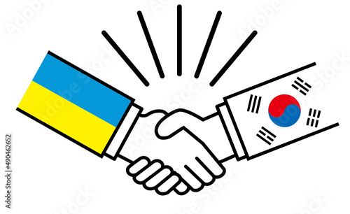 ウクライナと韓国、国旗がついた手が握手　国家間の戦争紛争　同盟、和解、合意のイメージイラスト
