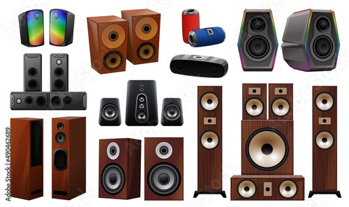 Stereo system icons set cartoon vector. Subwoofer speakers