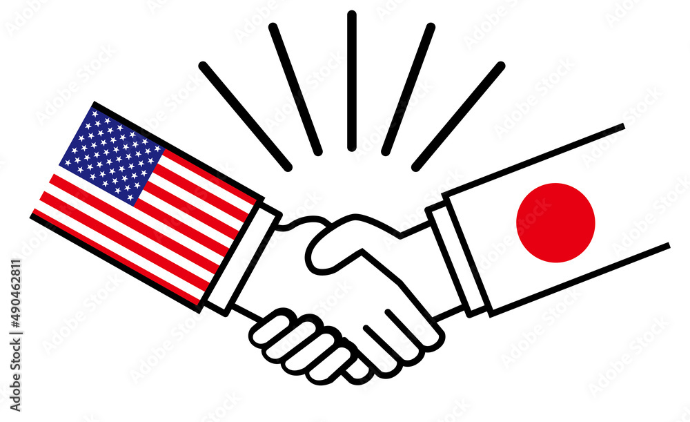 アメリカと日本 国旗がついた手が握手 国家間の戦争紛争 同盟 和解 合意のイメージイラスト Stock Vector Adobe Stock