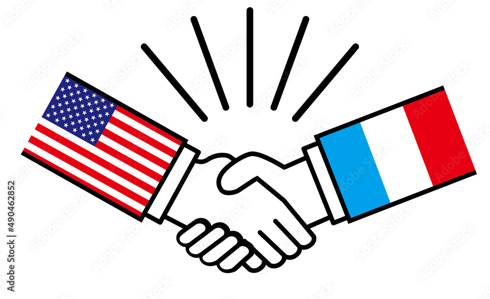 アメリカとフランス 国旗がついた手が握手 国家間の戦争紛争 同盟 和解 合意のイメージイラスト Stock Vector Adobe Stock