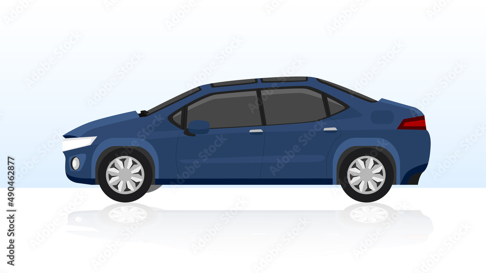 Beside luxury of sedarn car dark blue color. On backdrop of gradient white color with shadow of car on the ground. And gradient of blue to white background.