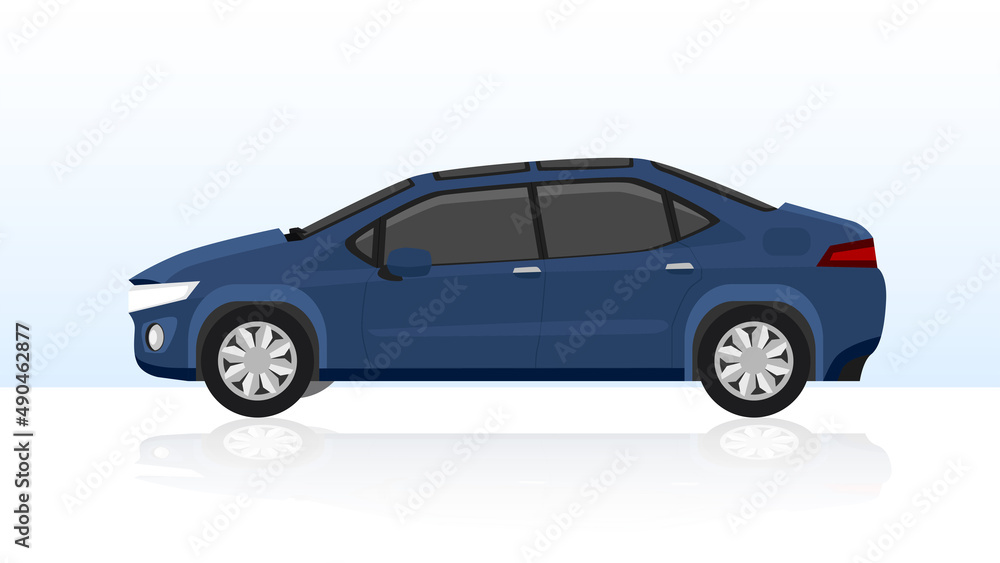 Beside luxury of sedarn car dark blue color. On backdrop of gradient white color with shadow of car on the ground. And gradient of blue to white background. Beside luxury of sedarn car dark blue color. On backdrop of gradient white color with shadow of car on the ground. And gradient of blue to white background.