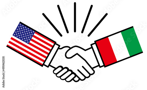 アメリカとイタリア、国旗がついた手が握手　国家間の戦争紛争　同盟、和解、合意のイメージイラスト