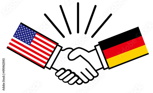 アメリカとドイツ、国旗がついた手が握手　国家間の戦争紛争　同盟、和解、合意のイメージイラスト