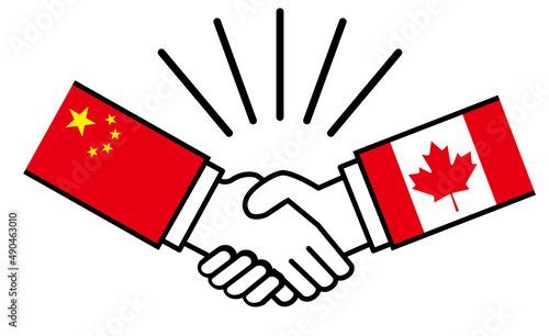中国とカナダ、国旗がついた手が握手　国家間の戦争紛争　同盟、和解、合意のイメージイラスト