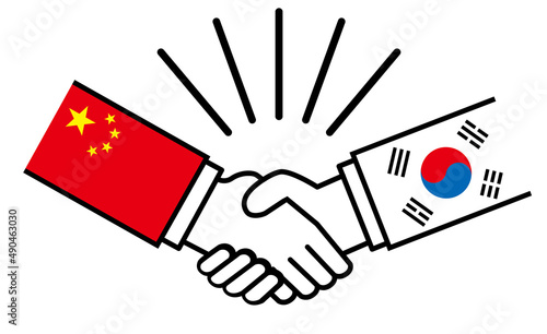 中国と韓国、国旗がついた手が握手　国家間の戦争紛争　同盟、和解、合意のイメージイラスト