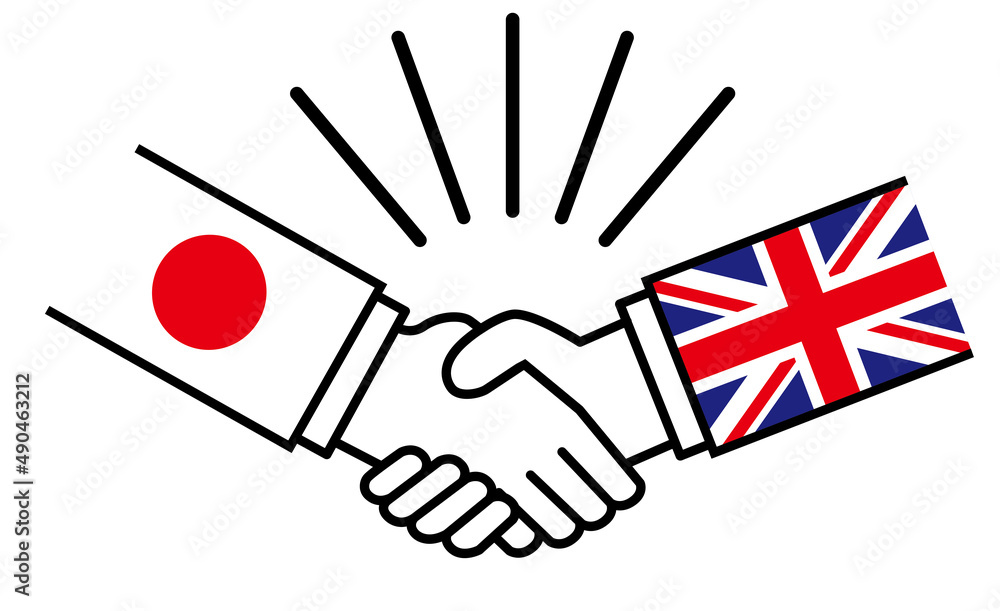 日本とイギリス 国旗がついた手が握手 国家間の戦争紛争 同盟 和解 合意のイメージイラスト Stock Vector Adobe Stock