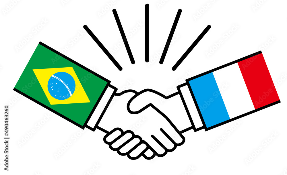 ブラジルとフランス 国旗がついた手が握手 国家間の戦争紛争 同盟 和解 合意のイメージイラスト Stock Vector Adobe Stock