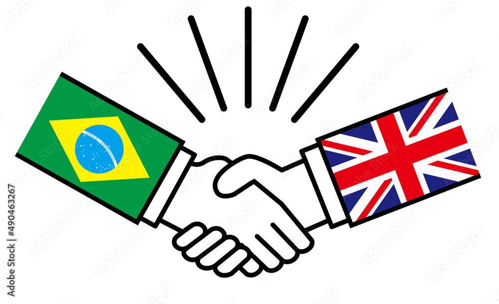 ブラジルとイギリス 国旗がついた手が握手 国家間の戦争紛争 同盟 和解 合意のイメージイラスト Stock Vector Adobe Stock