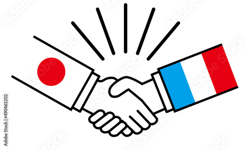 日本とフランス、国旗がついた手が握手　国家間の戦争紛争　同盟、和解、合意のイメージイラスト