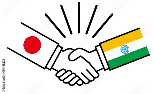 日本とインド、国旗がついた手が握手　国家間の戦争紛争　同盟、和解、合意のイメージイラスト