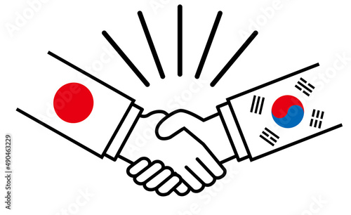 日本と韓国、国旗がついた手が握手　国家間の戦争紛争　同盟、和解、合意のイメージイラスト
