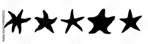 Set silhouette starfishes different forms. Vector icons wild ocean animals mollusk underwater life doodle isolated illustrations.