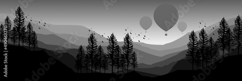 sunrise at mountain with pine tree silhouette flat design vector banner template good for web banner, ads banner, tourism banner, wallpaper, background template, and adventure design backdrop