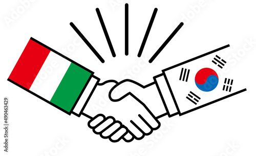 イタリアと韓国、国旗がついた手が握手　国家間の戦争紛争　同盟、和解、合意のイメージイラスト