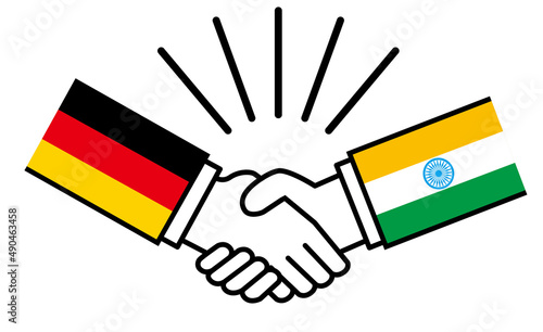 ドイツとインド、国旗がついた手が握手　国家間の戦争紛争　同盟、和解、合意のイメージイラスト