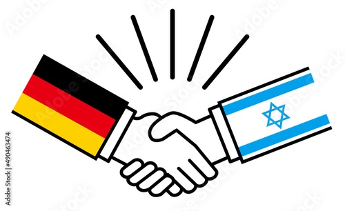 ドイツとイスラエル、国旗がついた手が握手　国家間の戦争紛争　同盟、和解、合意のイメージイラスト