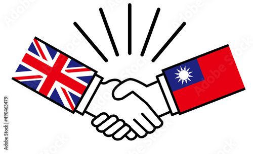 イギリスと台湾、国旗がついた手が握手　国家間の戦争紛争　同盟、和解、合意のイメージイラスト