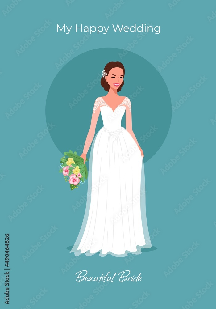 Bride in a beautiful dress with a bouquet of greeting card. Wedding invitation. Vector illustration in flat cartoon style. Bride in a beautiful dress with a bouquet of greeting card. Wedding invitation. Vector illustration in flat cartoon style.