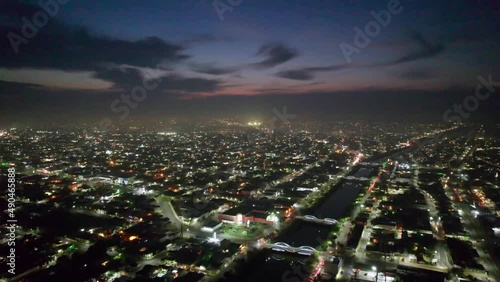 Aerial - When the lights go up at night in Reynosa, Tamaulipas, Mexico, pan right photo