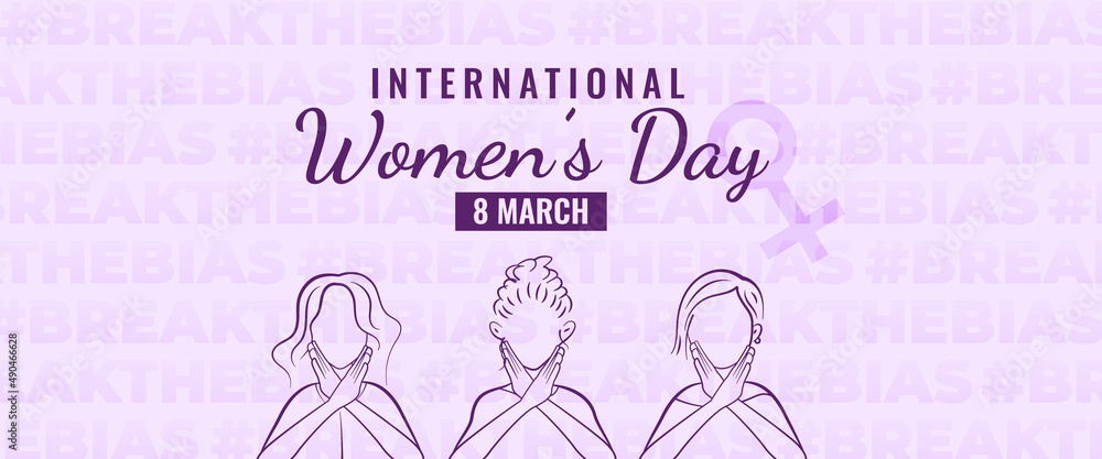 International women's day horizontal banner design with three women's outline illustration. Break the bias hashtag campaign. International women's day horizontal banner design with three women's outline illustration. Break the bias hashtag campaign.