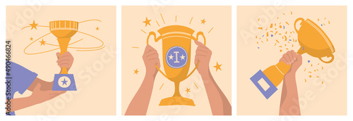 Victory people. A set of victory cups in the hands of people. Vector image.