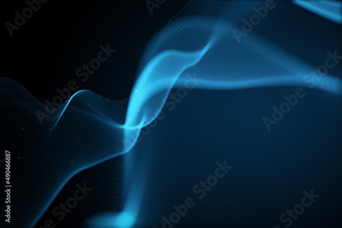 Creative glowing blue wave hologram on dark texture. Technology and metaverse concept. 3D Rendering.