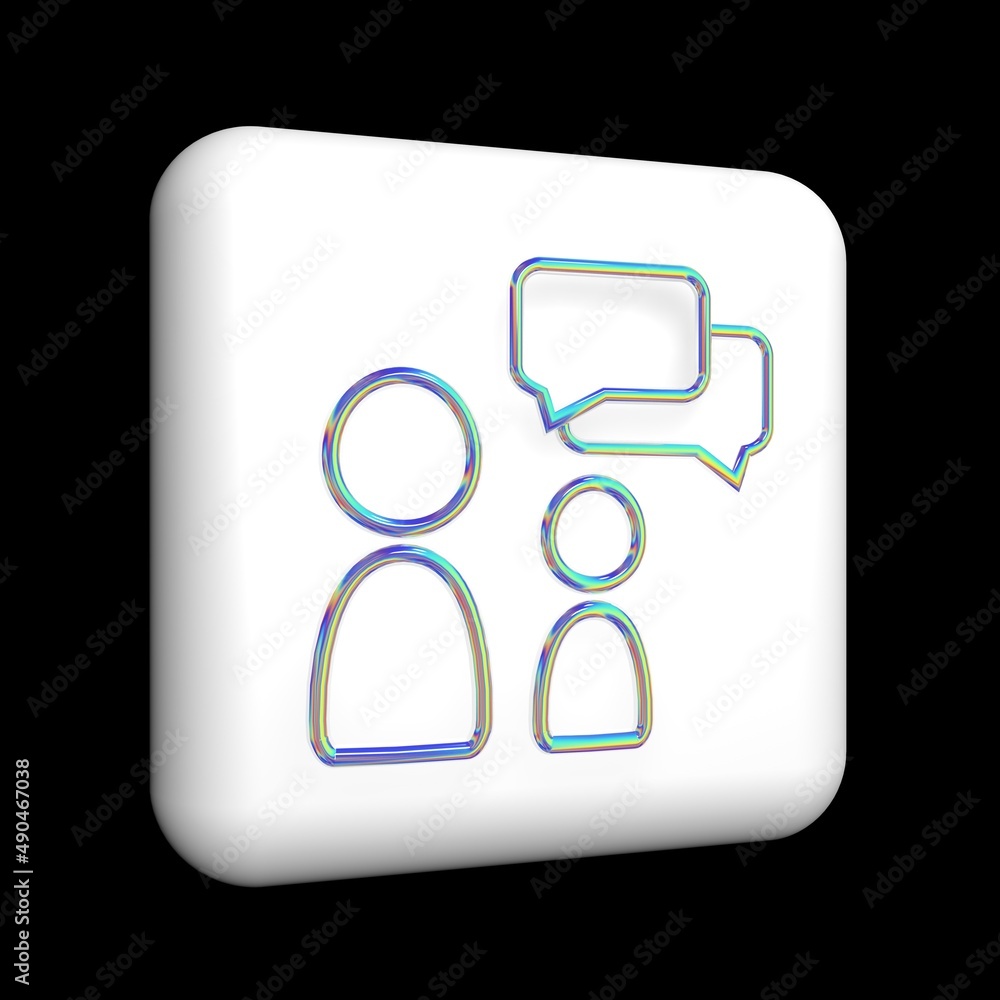 a sign of chat communication and people, a 3d icon on a white cube, an iridescent metal contour with glitter. a sign of chat communication and people, a 3d icon on a white cube, an iridescent metal contour with glitter.