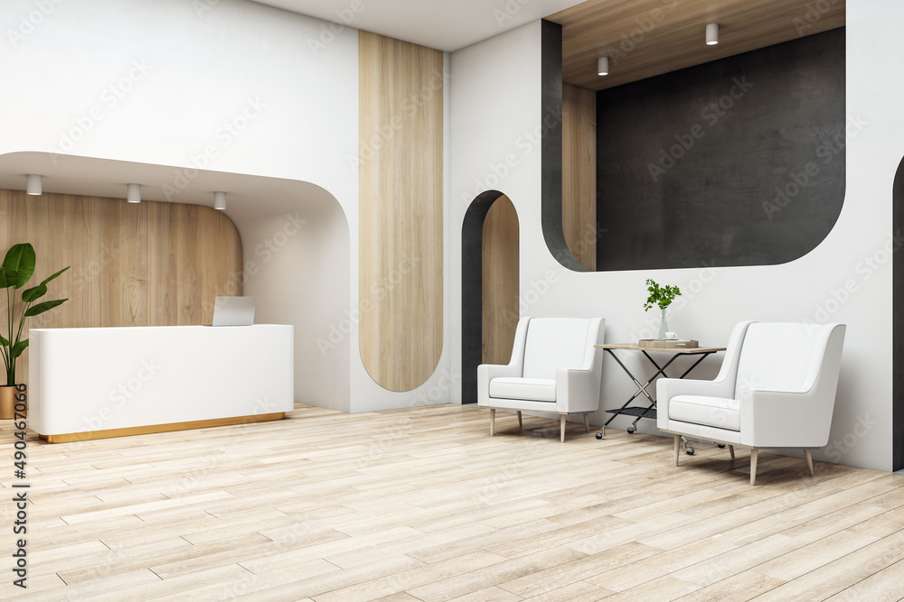 Modern wooden office interior with reception desk. Waiting area and ...