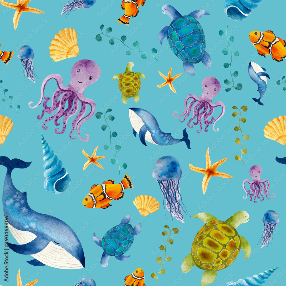 Watercolor sea life wildlife seamless pattern illustration aquatic wallpaper texture print
