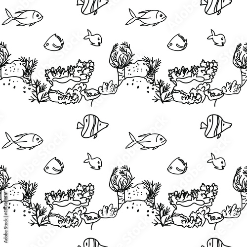 Seamless vector black and white pattern with underwater worlds. Marine repeating ornament on transparent background in doodle style. Design for wrapping paper  fabric  packaging  textiles  wallpaper.