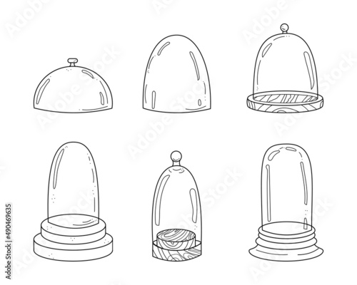 Glass dome in sketch doodle style. Hand drawn protect transparent cover set. Vector illustration isolated on white background