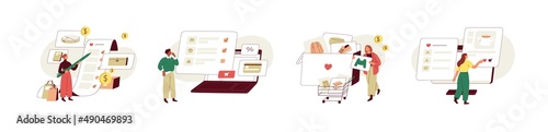 People with online wishlists, watchlists set. Customers adding clothes to shopping cart, saving wishes in internet accounts on web sites. Flat vector illustrations isolated on white background