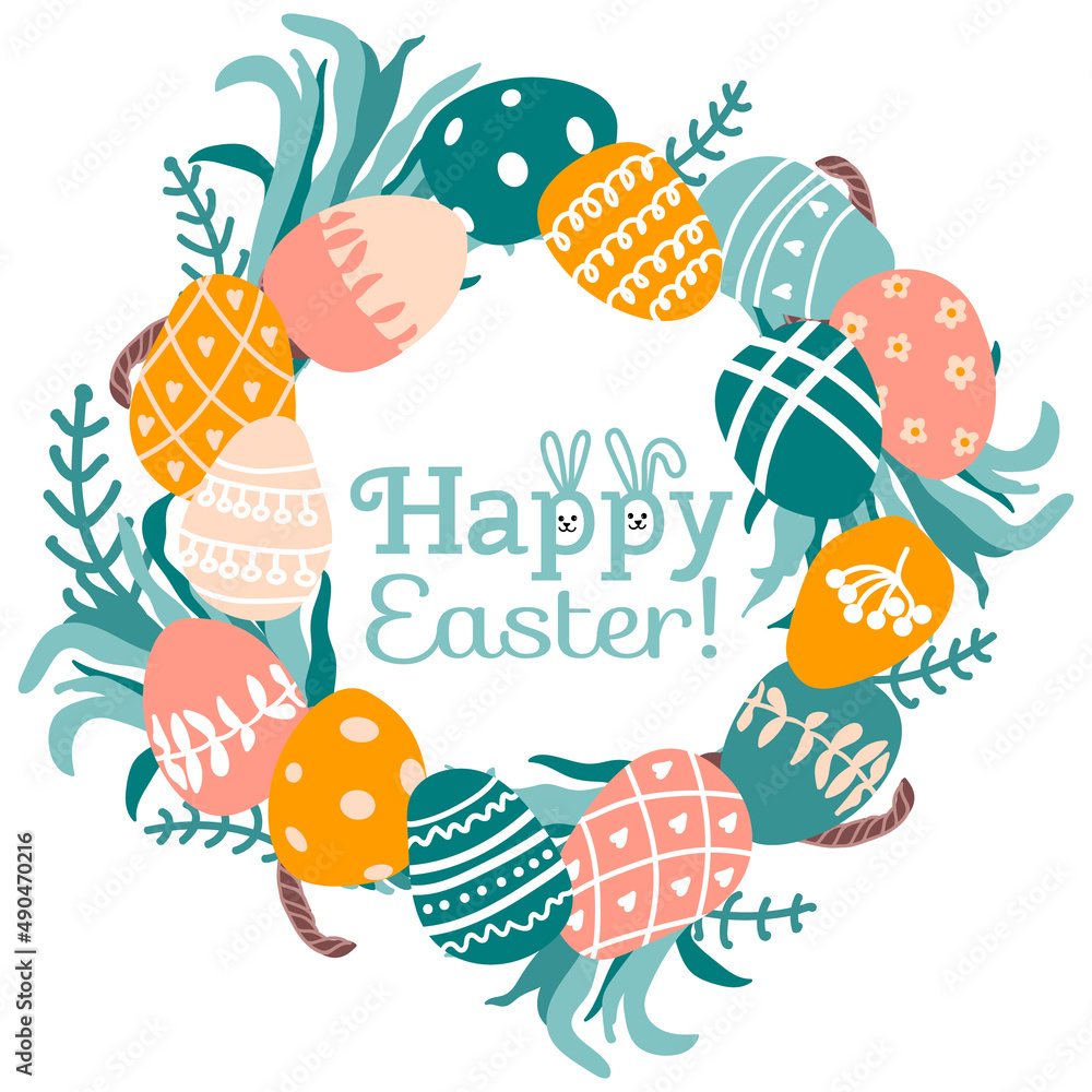 Easter wreath with eggs, herbs, grass. Text Happy Easter! Spring home decor. Ideal for sticker kit, greeting cards, tags.