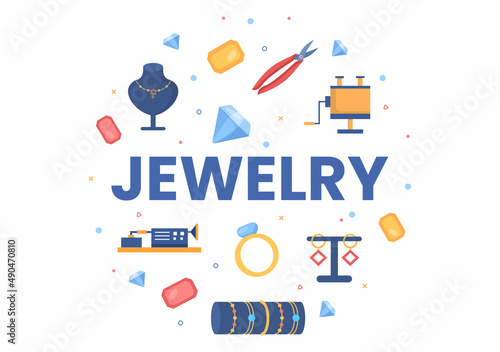 Jewelry Accessories Such as Necklaces, Earrings and Bracelets Designed by Jewelers from Gems in Flat Style illustration for Poster Background