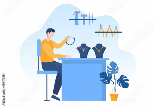 Jewelers Maker Jewelry Accessories Such as Necklaces, Earrings and Bracelets from Gems in Flat Style illustration for Poster Background