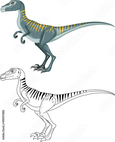 Velociraptor dinosaur with its doodle outline on white background