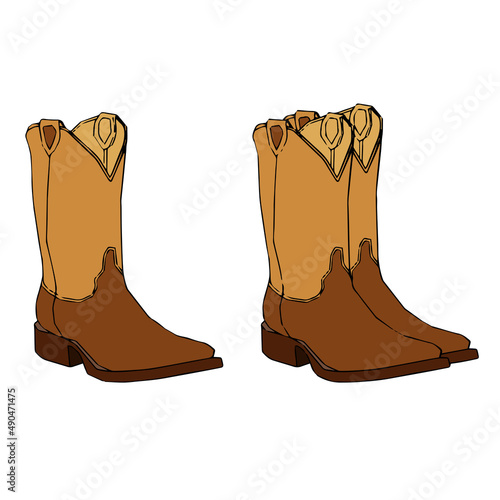 Old Gringo cowboy boots hand-drawn texan traditional shoes isolated on white. Vector freehand drawing photo