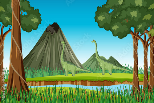 Scene with brachiosaurus in forest