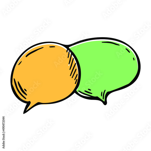 Modern cartoon speech bubbles in abstract shape sketch icon. Hand-drawn conversational doodle, dialog sign, vector illustration set, chat message