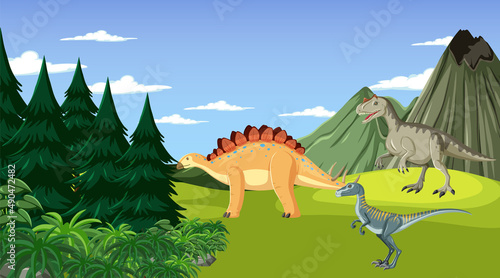 Scene with dinosaurs in the forest