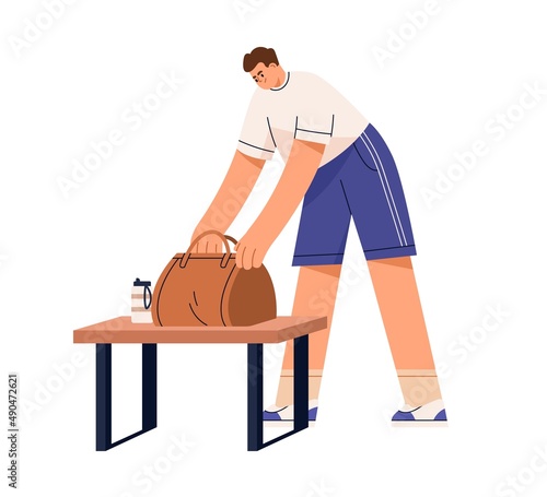 Athlete packing clothes into bag on bench in gym. Man in sports center, fitness club. Person in dressing locker room after changing sportswear. Flat vector illustration isolated on white background