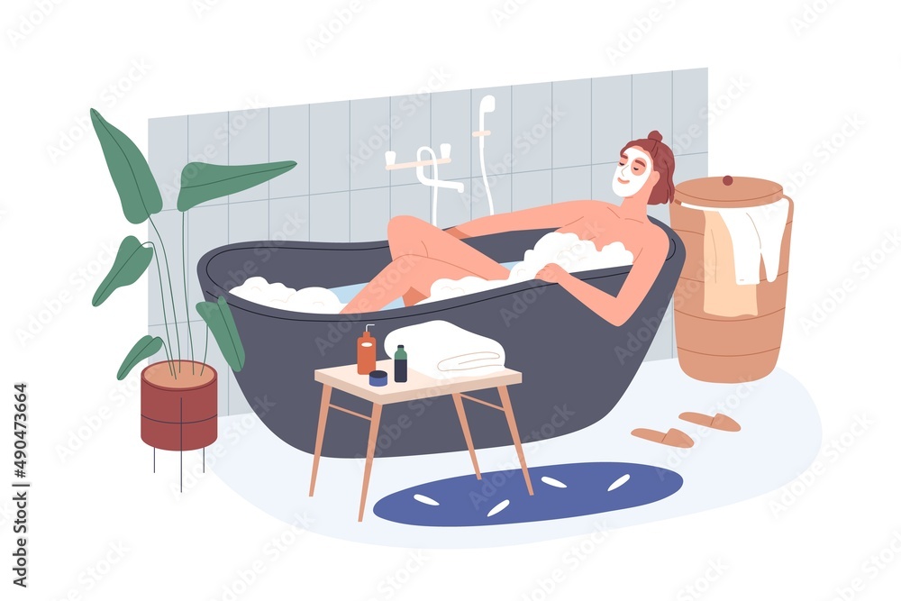 Fototapeta premium Woman taking bath in home bathroom. Female with facial mask relaxing in bathtub water with soap foam, bubbles. Beauty and body care routine. Flat vector illustration isolated on white background