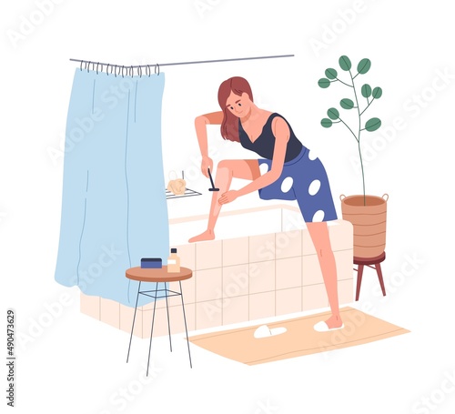 Woman shaving legs with razor in bathroom. Female removing unwanted hairs from body. Home depilation. Beauty and hygiene routine in bath room. Flat vector illustration isolated on white background