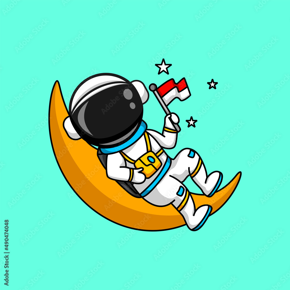 Naklejka premium Cute astronaut is sitting on the moon holding a flag illustration
