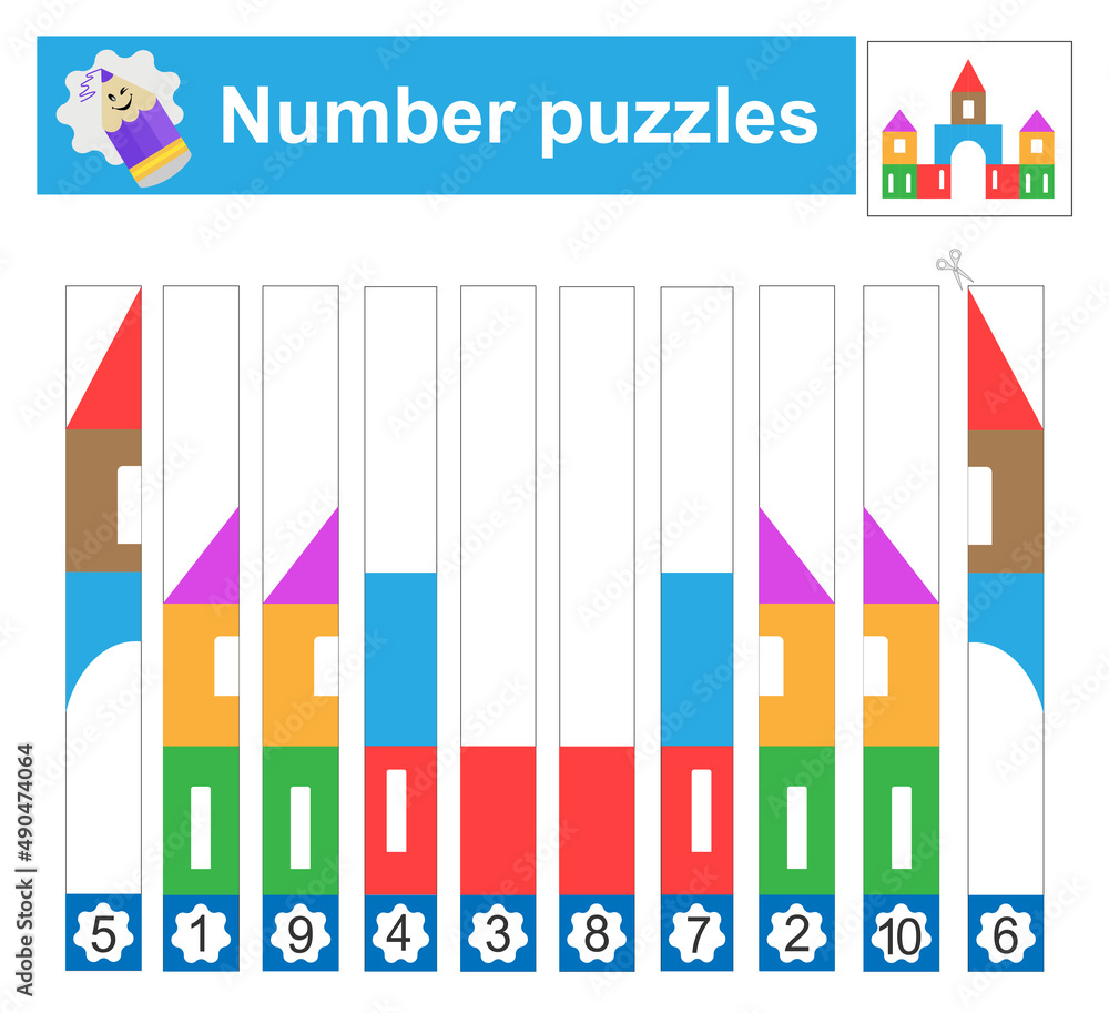 Number puzzles with cartoon house. Cut and assemble. Preschool worksheet activity. Printable worksheet.